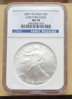 2007 W $1 American Silver Eagle Coin- NGC MS70 Early Releases; Cert# 3082060-010