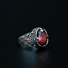 Men's 925 Sterling Silver Red Garnet Gemstone Ring