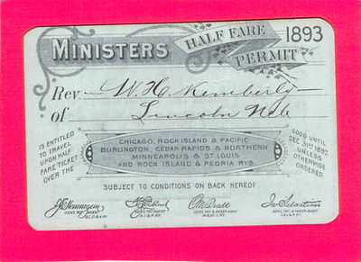 CLERGYMAN CLERICAL REVEREND CRI&P BCRN MST L RAILWAY RR RY RAILROAD PASS 1893
