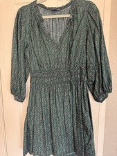 GAP Green Paisley Smocked Ruffle Mini Dress V-Neck 3/4 Sleeve Size S