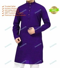 New Indian Blue Traditional Clothes Mens Ethnic Dress Kurta Plain Shirt