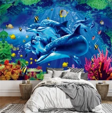 3D Seabed Dolphin Aquarium Self-Adhesive Wallpaper Wall Murals Poster or Kids