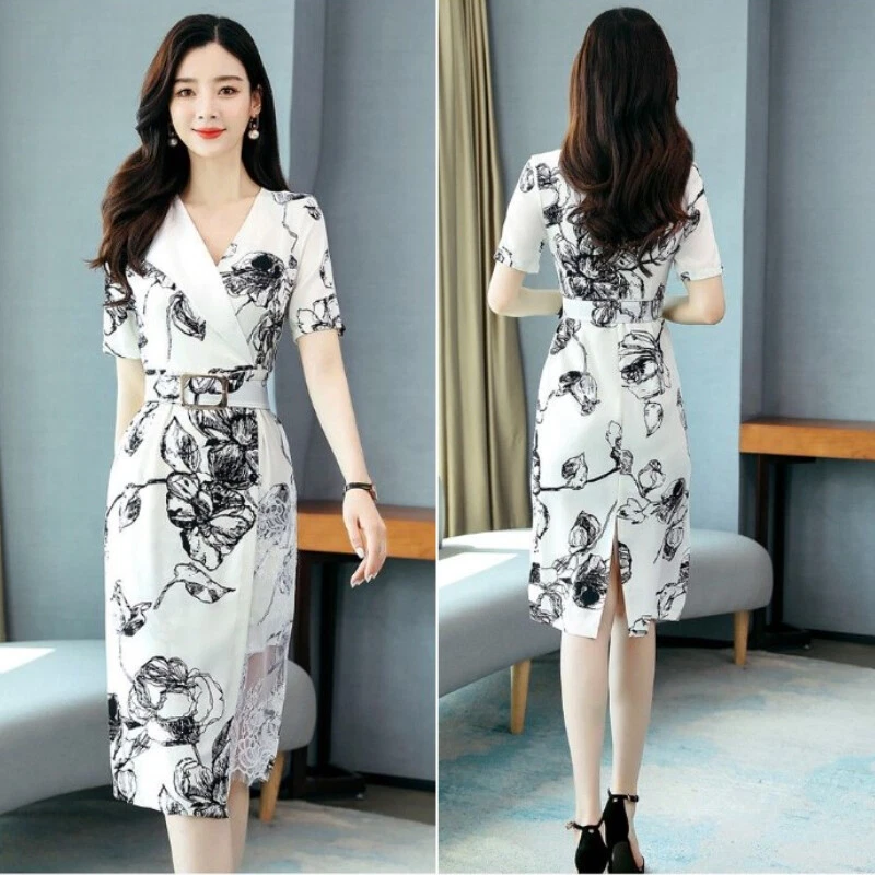 Lady Lace Stitching Dress Midi A-line V-neck Printed Side Slit 