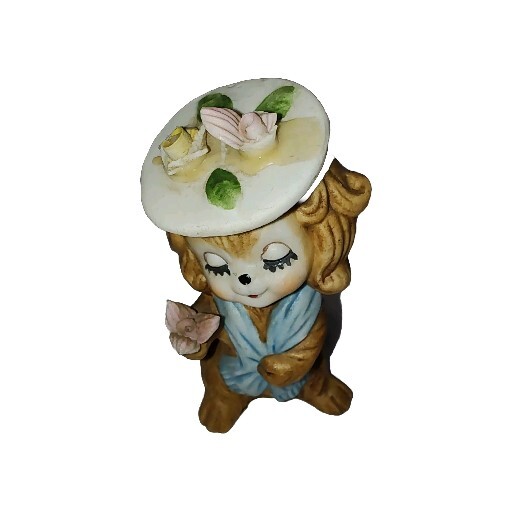 Vintage Napco Japan Ceramic Bisque Dog Figurine with Rose Hat 3.5 Inches SEE Details