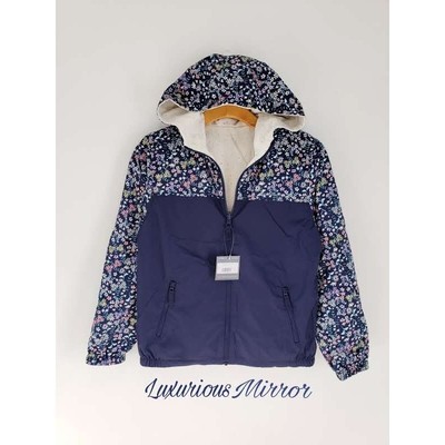 Eddie Bauer Girls Reversible Windy Ridge Hooded Blue Floral Zip Up Jacket Sz L