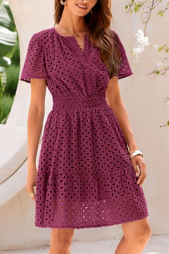 PRETTYGARDEN Womens 2025 Summer Short Dress V Neck Short Sleeve A Line Hollow... - Picture 5 of 9