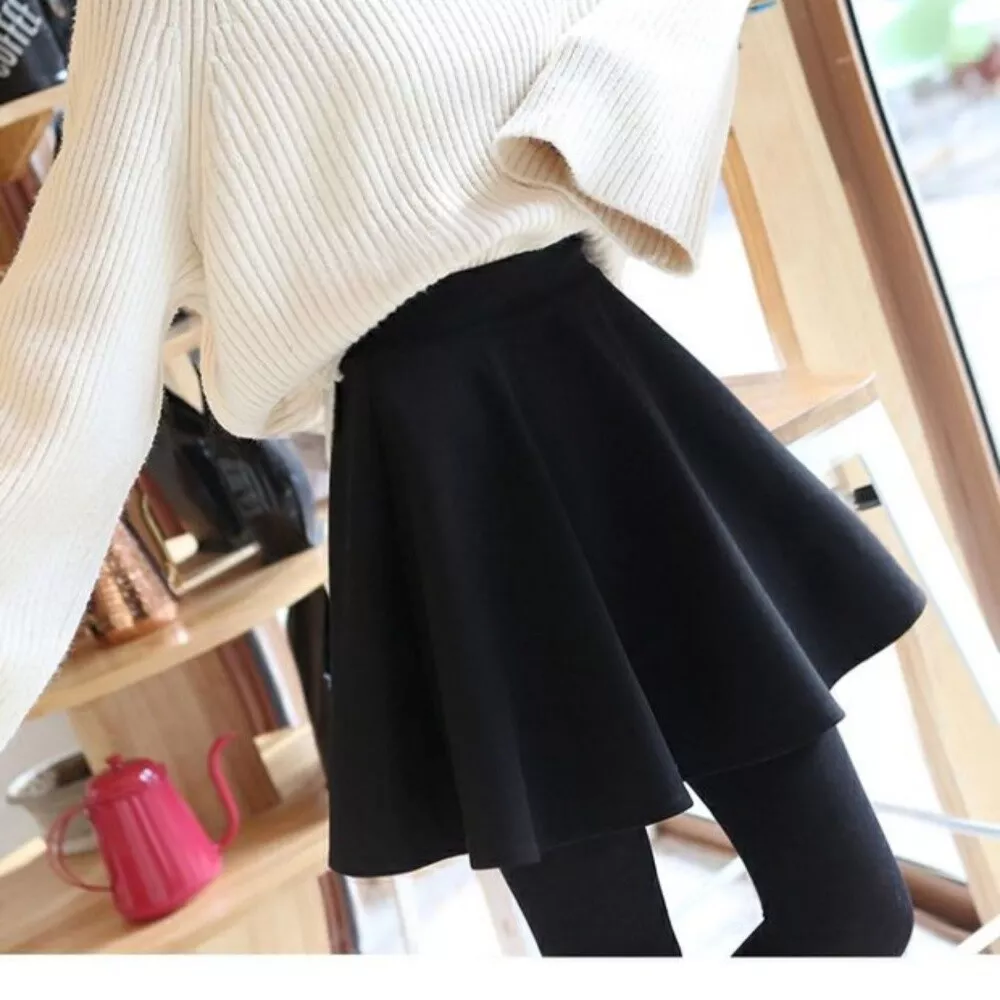 Women A line Short Skirt High Waist Umbrella Skater Zip Pleated Black Autumn