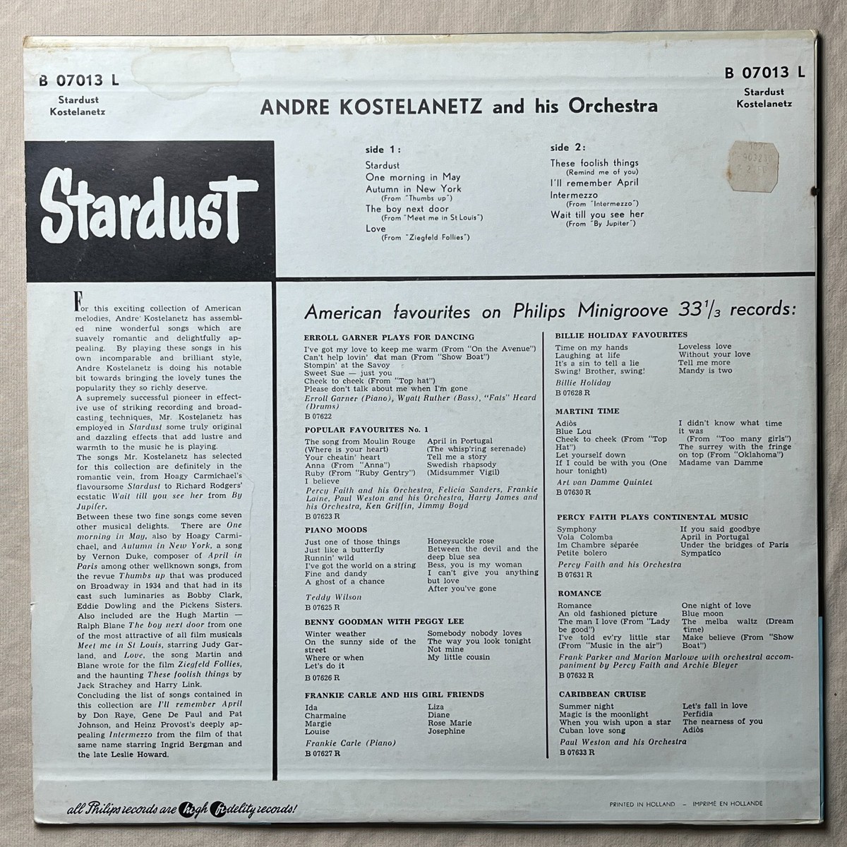 ANDRE KOSTELANETZ Stardust 1955 Import Vinyl LP Philips B 07013 L