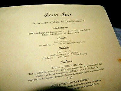 VINTAGE MENU HAWAIIAN HAWAII KONA INN BY JOHN KELLY COULD BE FROM