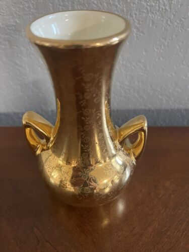 Vase perle Chine USA or décoré gravé 22 carats vintage art déco doubles poignées - Photo 1/19