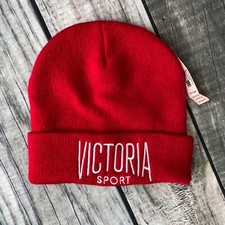 NWT Victoria Secret Sport Hat Knit Red Winter Big Logo Beanie Stretchy Soft NEW