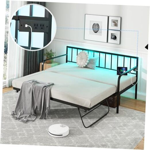 Twin Metal Daybed with Trundle Charging Station and LED Lights