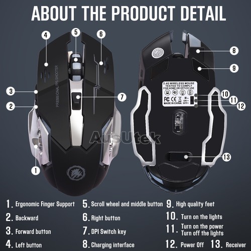 LED Wired / Wireless Rechargeable USB Optical Ergonomic Gaming Mouse Laptop PC - Picture 15 of 16