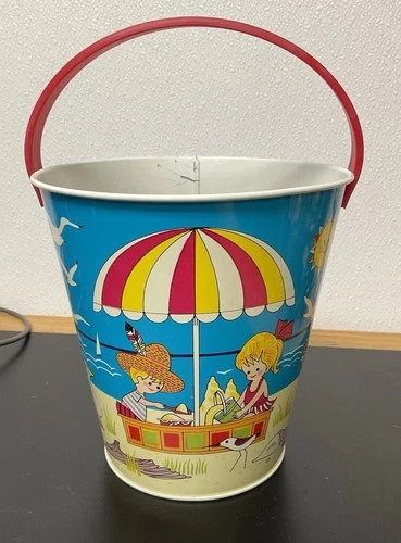 Antique Vintage 1950s J. Chein Tin Litho Metal Bucket Beach Theme, NICE!