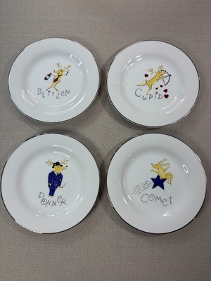RETIRED Pottery Barn Reindeer Dessert Plates 8.5'' Donner Blitzen Cupid Comet