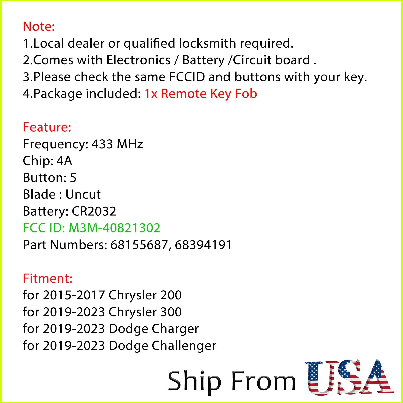Replacement for 2015 2016 2017 Chrysler 200 Smart Remote Key Fob M3M-40821302 image 2