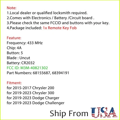 Replacement for 2015 2016 2017 Chrysler 200 Smart Remote Key Fob M3M-40821302 image 2