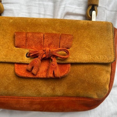 90s PRADA Suede Ribbon One Shoulder Bag Orange Brown Archive