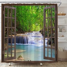 Forest Waterfall Shower Curtain Tropical Rainforest Landscape 70x70 Inch