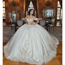 Sparkling Chapel Train 15 Quinceanera White Sweet Princess Sequins Gold Applique