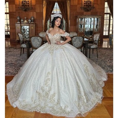Sparkling Chapel Train 15 Quinceanera White Sweet Princess Sequins Gold Applique | eBay Sparkling Chapel Train 15 Quinceanera White Sweet Princess Sequins Gold Applique | eBay