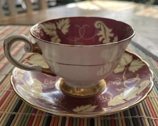 Vintage Tuscan Burgundy Red Gold Leaf Vines Scroll Cup W Saucer England Teacup