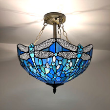 Tiffany Style Ceiling Lights Blue Stained Glass Dragonfly 16"H 16"W 16"D