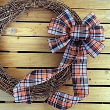 Fall Plaid Door Wreath Bow - 10" Wide, 18" Long Pre-Tied Bow, Thanksgiving