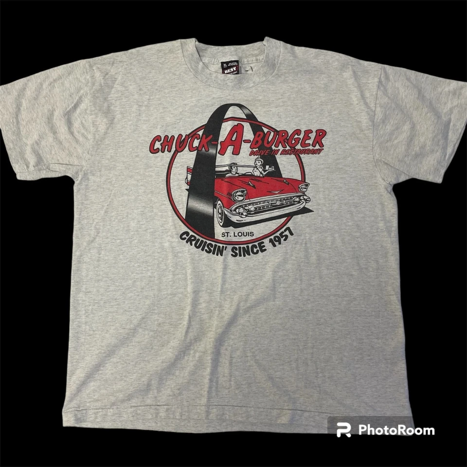 Vtg 80’s BEST Heather CHUCK A BURGER Front Back Cruisin MUSCLE CAR 50/50 T Shirt - Image 2 of 4