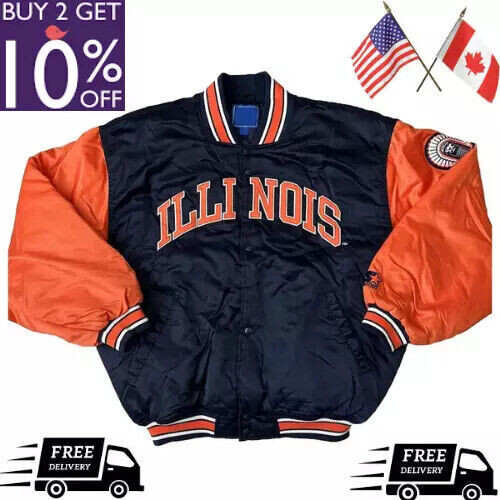 90s Illinois Fighting Illini Black & Orange Satin Bomber Jacket Free Shipping