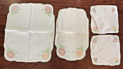 Hand Crocheted Hand Embroidered 4-Piece Doily Dresser Scarf Set Floral Pattern