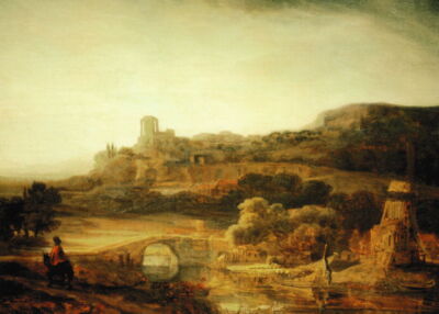 Kunstkarte Rembrandt ''Flusslandschaft mit Windmühle''