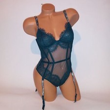 Victoria Secret Lingerie Teddy One Piece Bodysuit Teal Shine Strap Garter Lace