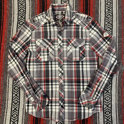Affliction Shirt Men Medium Red White Gray Long Sleeve Plaid Y2K Retro Grunge