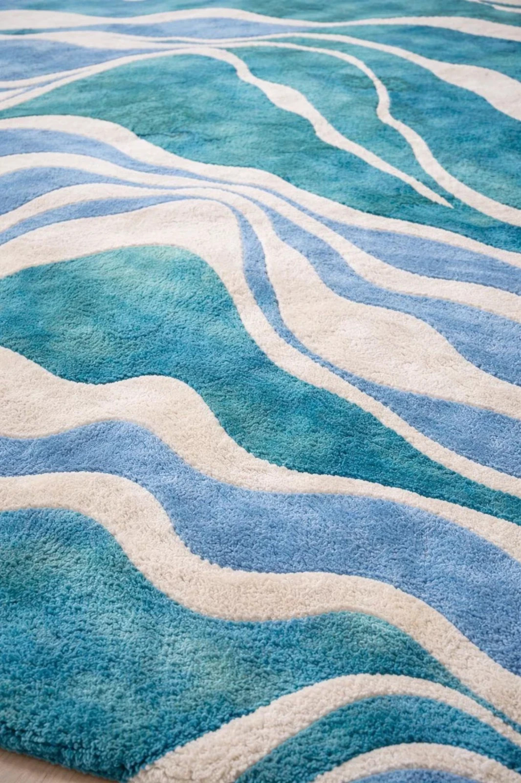 Hand Tufted Wool Area Rug – Modern Abstract Blue & Teal Wave Design, Luxury Rug.