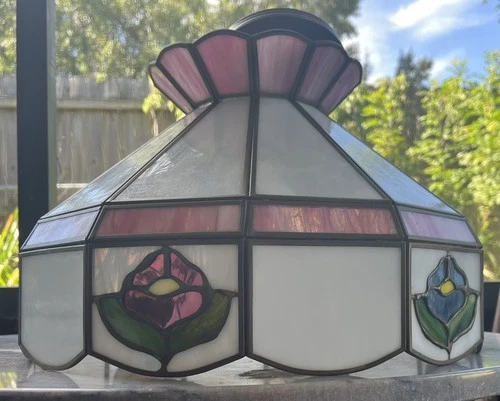 Vtg Tiffany Style Lamp Hanging Ceiling Chandelier Stained Glass Brass Frame