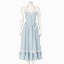 70s Denim Halter Dress Size S Light Wash Eyelet Lace Trim Pockets Milk Maid