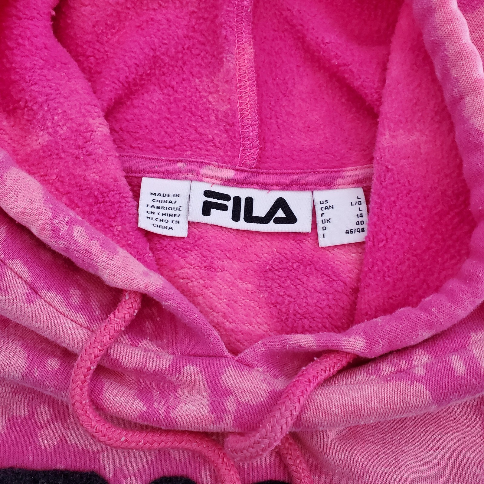 Felpa con cappuccio rosa Fila donna taglia L pullover personalizzata tintura candeggina