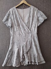 Lace Mini Dress Size M Gray WhitecV-Neck Bridal Bachelorette Dress