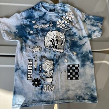 Men’s A Lab Blue Tie Dye Skull Flowers  Spiderweb Stars Rare Large T Shirt