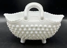 Vintage Fenton Hobnail Milk Glass 4 Footed Oval Basket 7" Handbasket