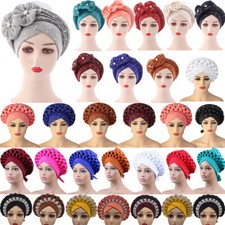 Nigerian Aso Oke Auto Gele Headtie Turban Cap African Women Bonnet Hijab Hat 2pc
