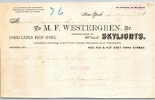 1902 NY, NY Letterhead M.F. Westergren Corrugated Iron Work Metallic Skylights 