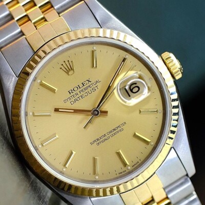 Mens Rolex Datejust Watch Gold Steel Champagne Dial Fluted 16233 w/ ORIGINAL BOX