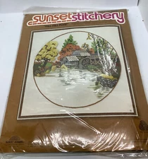Vintage Watermill Wheel Crewel Kit Sunset Stitchery FALL MILL POND 16"x 16" 