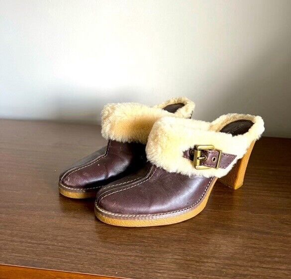 Bcbgirls Heeled Clog Vintage Brown Leather Sherpa… - image 1