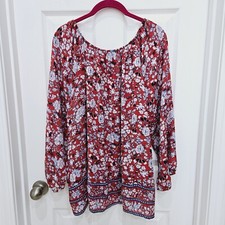 Chaps Peasant Blouse Womens Size XL Red Floral 3/4 Sleeve Gauzy Round Neck