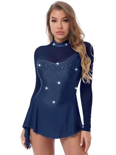 Womens Shiny Long Sleeve Leotard Dress Figure Ice Skating Ballet Dance Dress - Picture 45 of 52