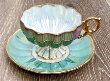 Vintage Royal Sealy China Japan Footed Tea Cup & Saucer Green Gold Scroll 