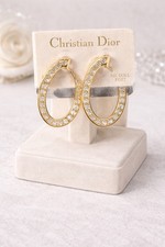 Vintage Christian Dior CD Rhinestone Hoop Earrings Gold Tone 14K Posts NWT